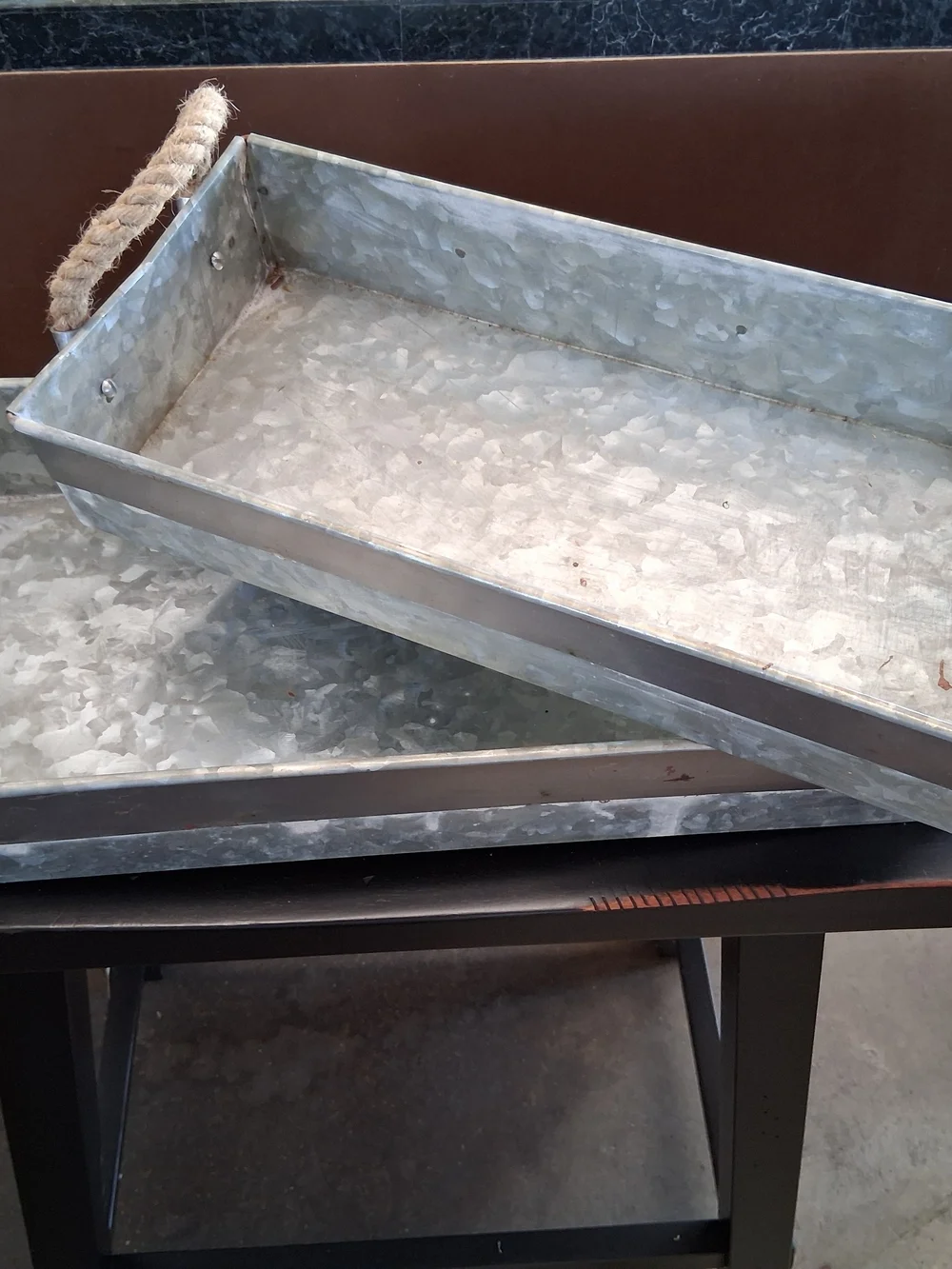 Galvanized Metal Serving Tray with Rope Handles - Silver